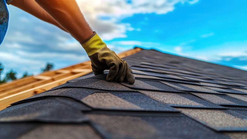 Person using a ladder to attach outdoor lights along a gutter on a winter roof.