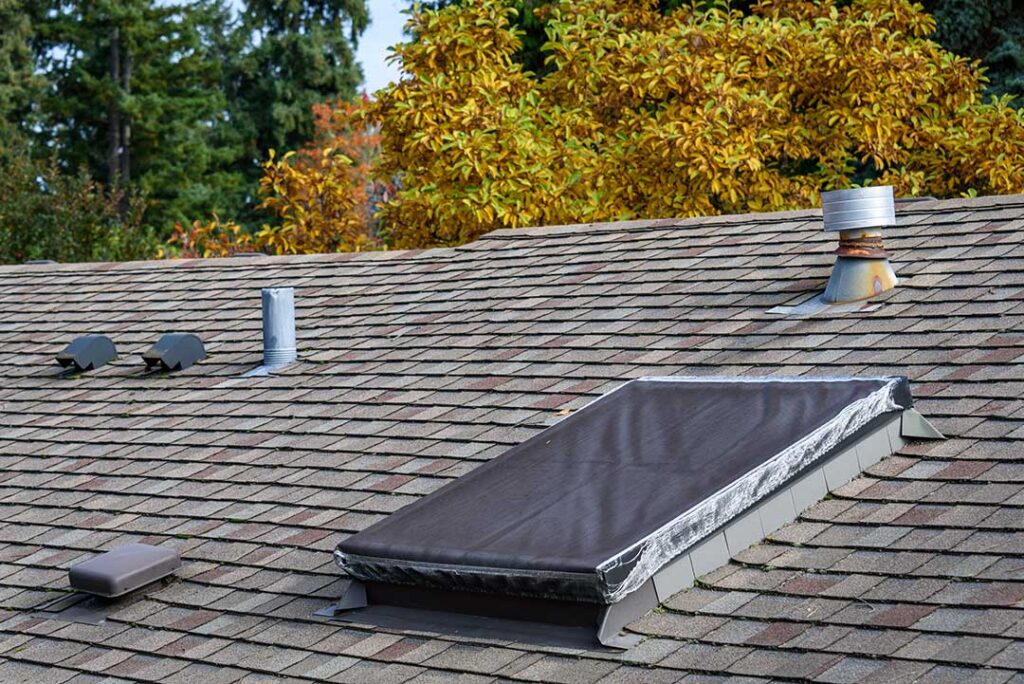 Person inspecting clean gutters beside a shingled home with a ladder and fallen leaves nearby